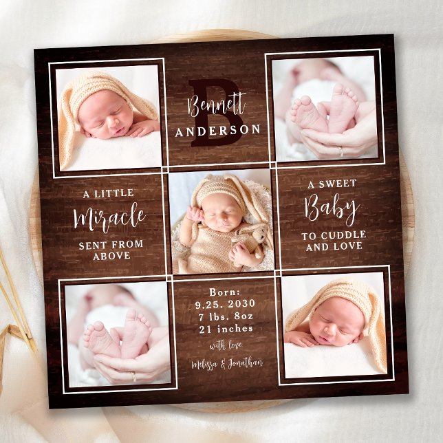 Rustic Wood 5 Photo Collage New Baby Stats Birth Announcement (Creator Uploaded)