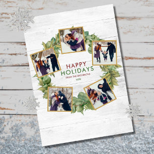 Rustic Wood 5 Photo Greenery Burgundy Christmas Holiday Card