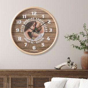 Rustic Wood 5th Wedding Anniversary Couple Photo  Clock