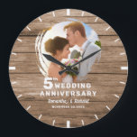 Rustic Wood 5th Wedding Anniversary Couple Photo   Large Clock<br><div class="desc">Celebrate your 5 wedding anniversary with this rustic wood clock featuring your favourite couple photo. The natural wood texture creates a warm,  heartfelt backdrop for a treasured gift you’ll enjoy for years.</div>