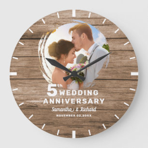 Rustic Wood 5th Wedding Anniversary Couple Photo   Large Clock