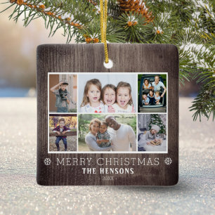 Rustic Wood 6 Photo Collage Christmas Family  Ceramic Ornament