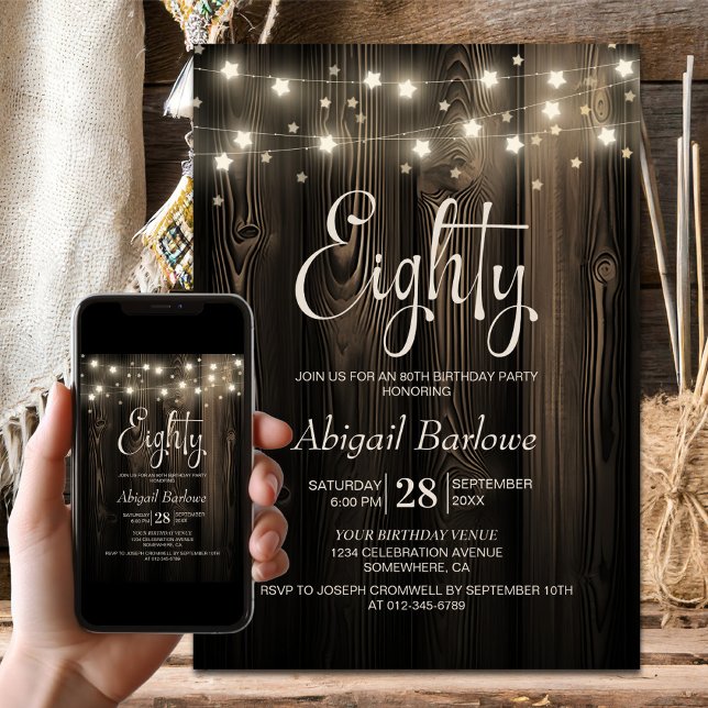 Rustic Wood 80th Birthday Party Invitation (Creator Uploaded)
