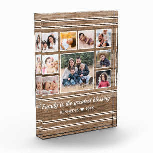 Rustic Wood 9 Photo Collage Quote Family Name Block