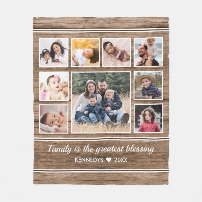 Rustic Wood 9 Photo Collage Quote Family Name Fleece Blanket (Front)