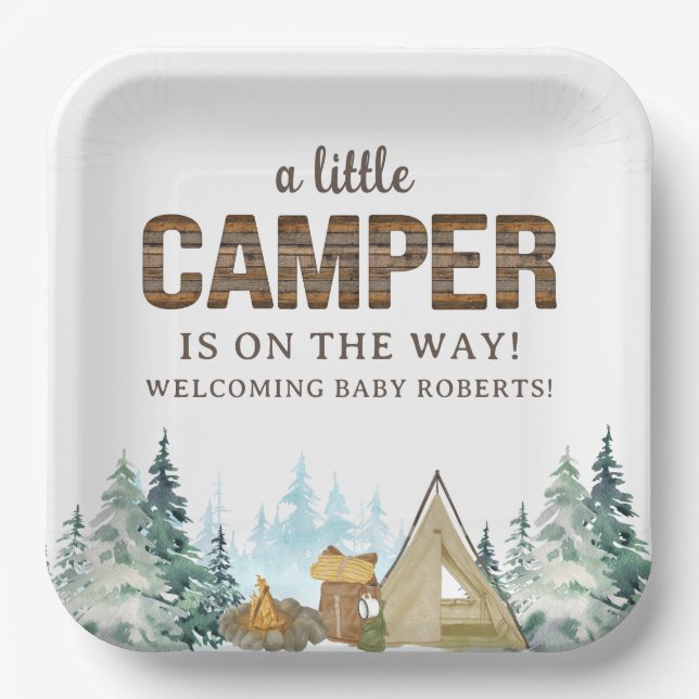 Rustic Wood A Little Camper Baby Shower Paper Plate (Front)