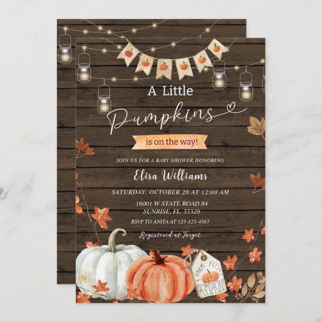 Rustic Wood A Little Pumpkins is on their way  Invitation (Front/Back)