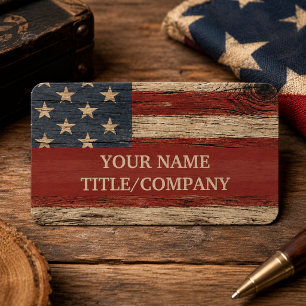 Rustic Wood American Flag Company Name Business Card