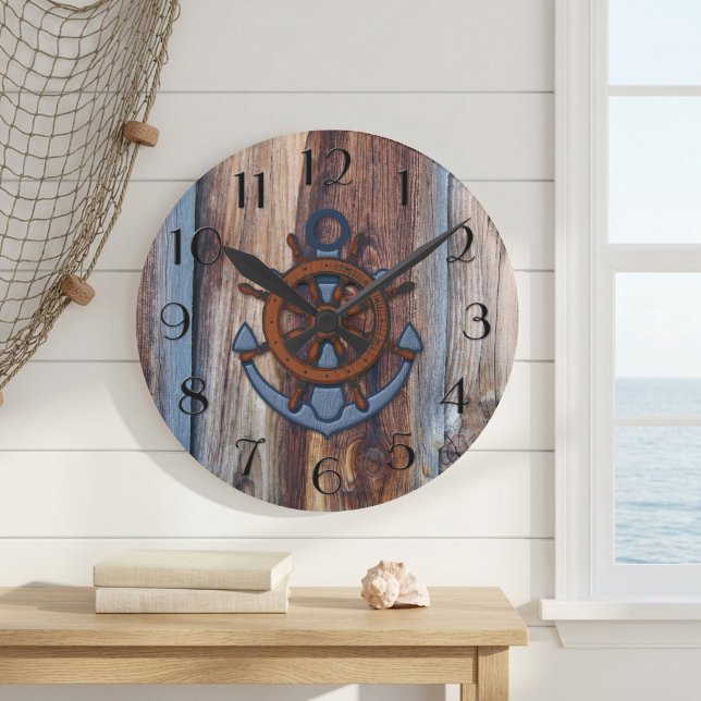 Rustic Wood Anchor Nautical Wall Clock (Wall clock featuring an anchor on a rustic driftwood background)