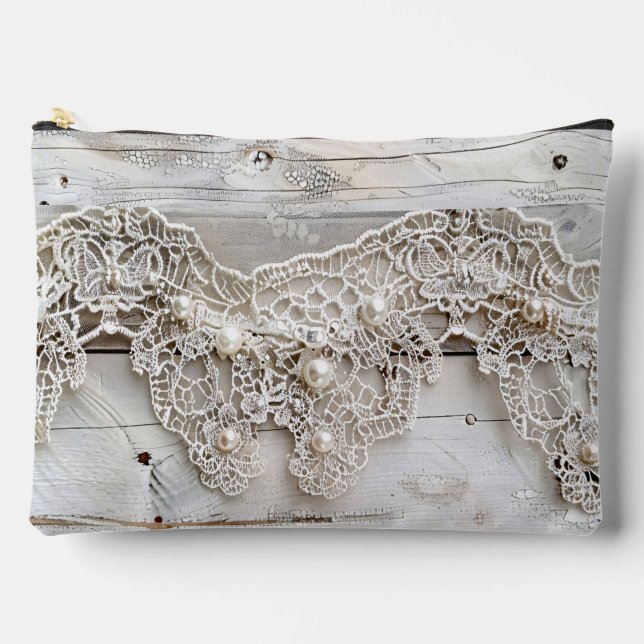 Rustic Wood and Antique Lace Accessory Pouch (Front)