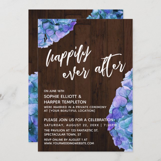 Rustic Wood and Blue Hydrangea Happily Ever After Invitation (Front/Back)