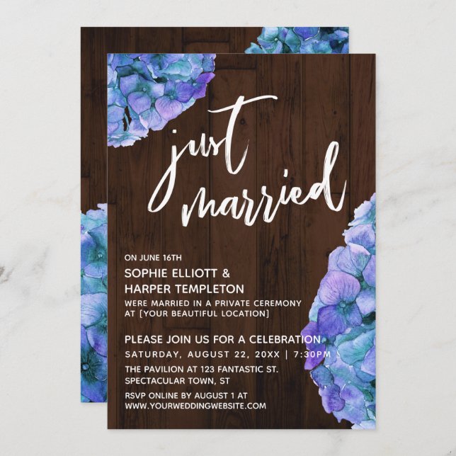 Rustic Wood and Blue Hydrangea Just Married Invitation (Front/Back)
