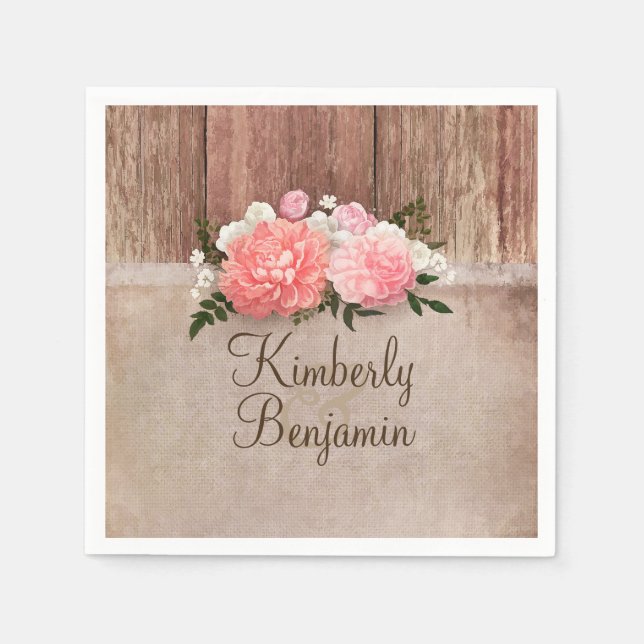 Rustic Wood and Burlap Floral Barn Wedding Napkin (Front)