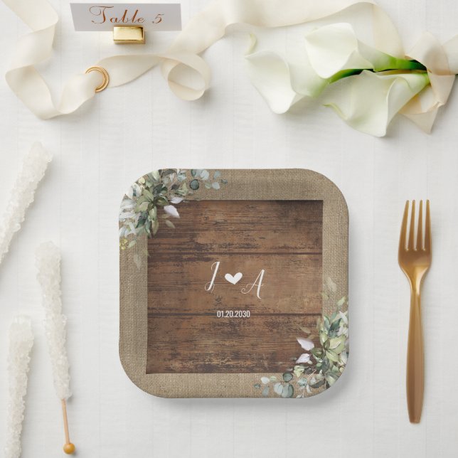 Rustic Wood and Burlap Wedding Paper Plate (Wedding)