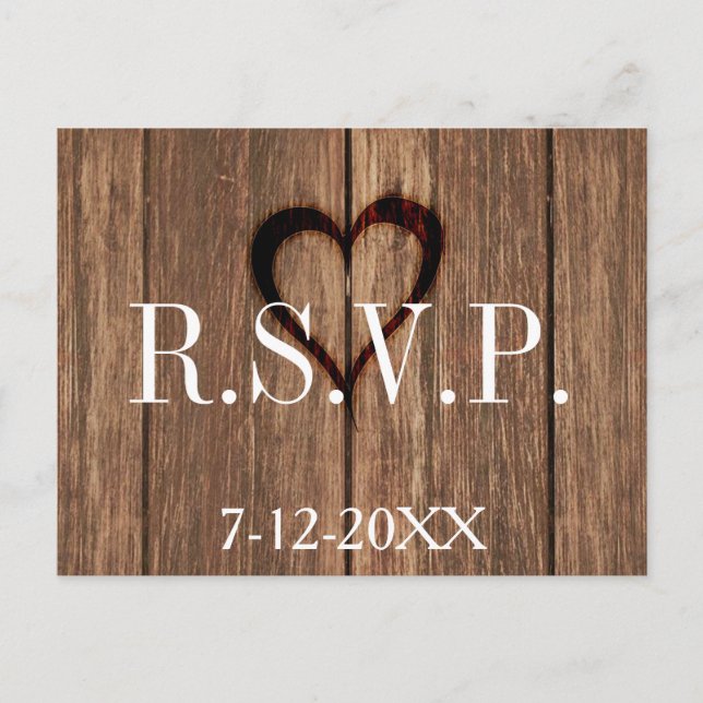 Rustic Wood and Engraved Heart RSVP Card (Front)