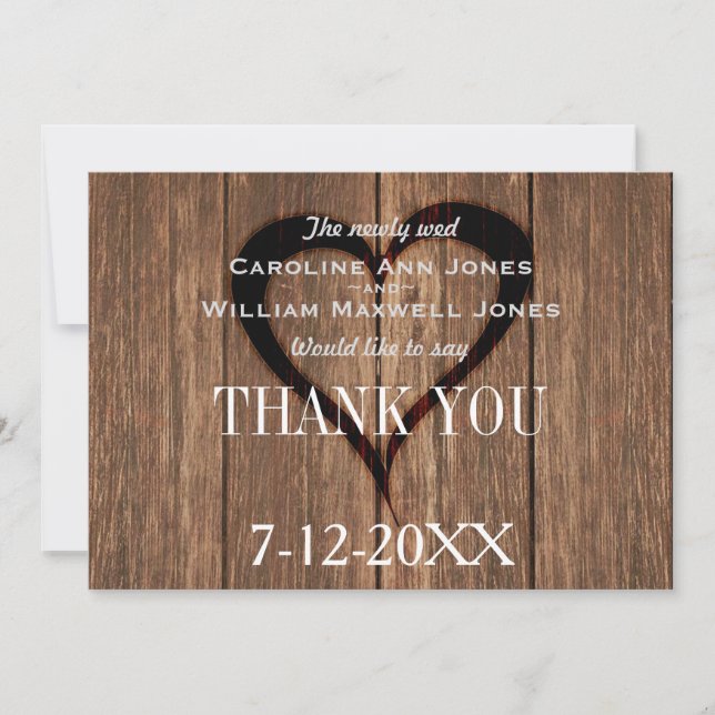 Rustic Wood and Engraved Heart Thank You Card (Front)