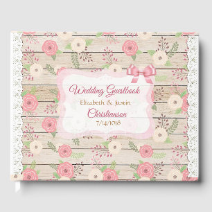 Rustic Wood and Flowers Pink and Tan Wedding Book
