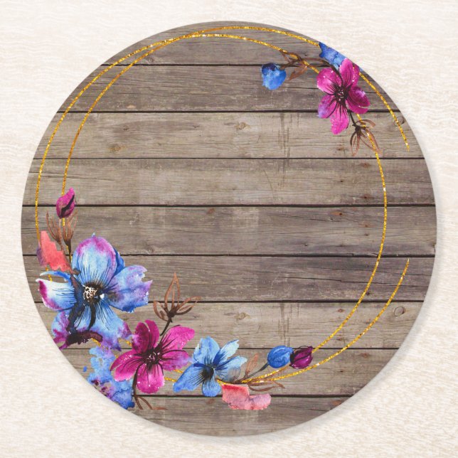 Rustic wood and flowers round paper coaster (Front)