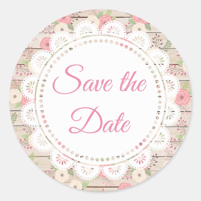 Rustic Wood and Flowers Wedding Save the Date Classic Round Sticker (Front)