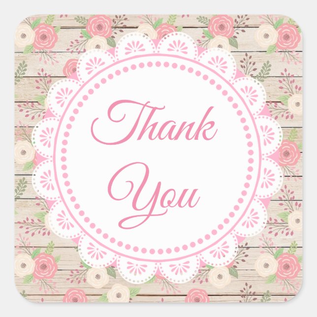 Rustic Wood and Flowers Wedding Thank You Square Sticker (Front)