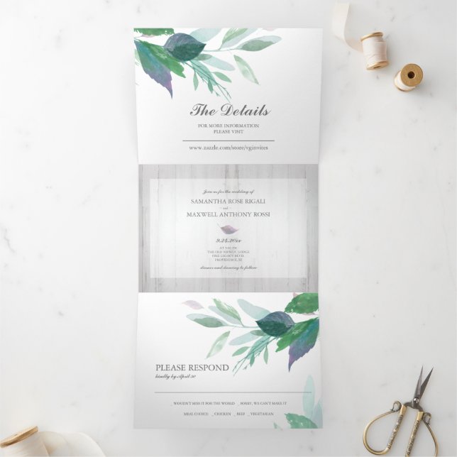 Rustic Wood and Foliage All In One Wedding Invite (Inside)