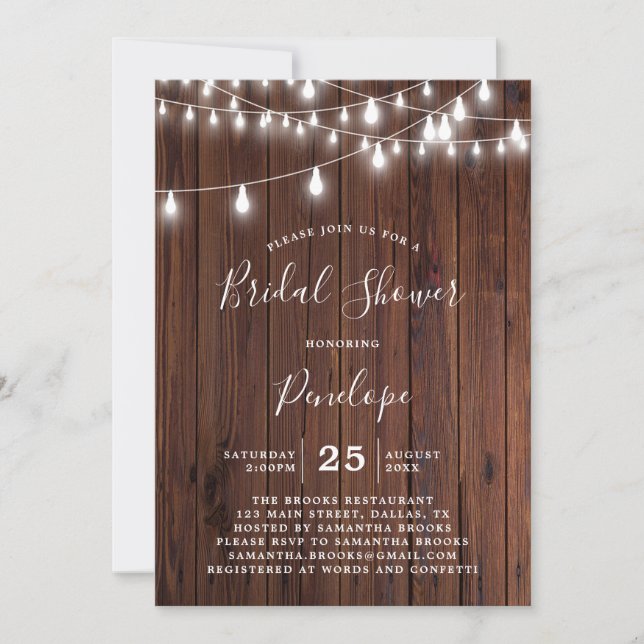 Rustic Wood And Garland Lights Bridal Shower Invitation (Front)