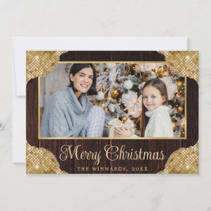 Rustic Wood and Gold Glitter Edges Family Photo Holiday Card