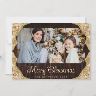 Rustic Wood and Gold Glitter Edges Family Photo  Holiday Card