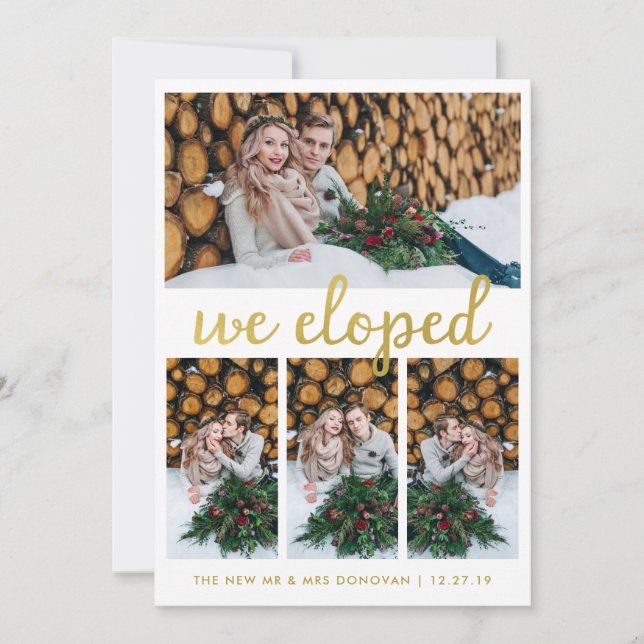 Rustic Wood and Gold Photo Elopement Announcement (Front)