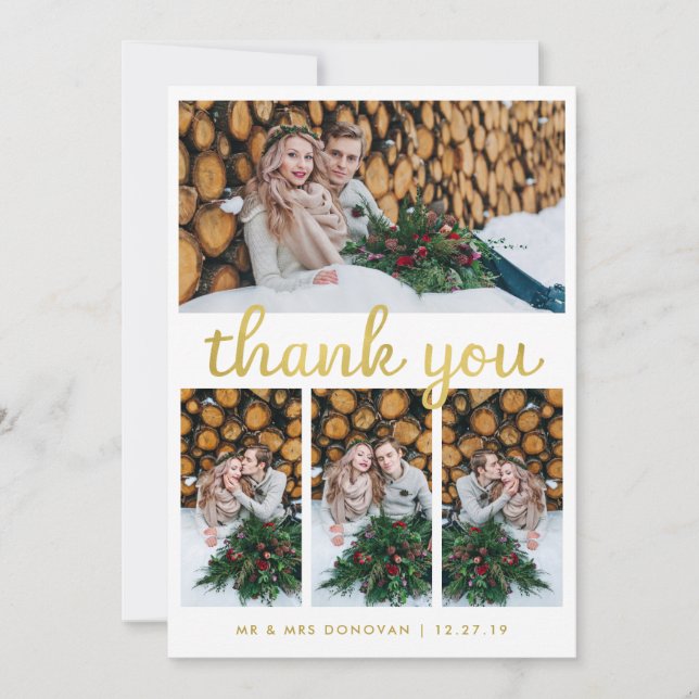 Rustic Wood and Gold Wedding Thank You | 4 Photo Card (Front)