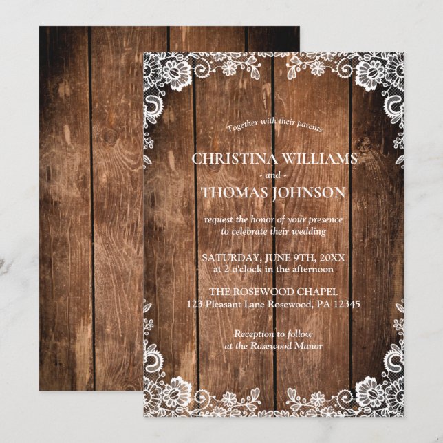 Rustic Wood and Lace Country Wedding Invitation (Front/Back)