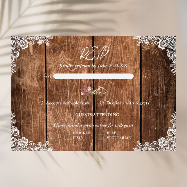 Rustic Wood and Lace Country Wedding RSVP Card (Creator Uploaded)