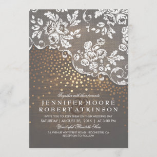 Rustic Wood and Lace Gold Confetti Elegant Wedding Invitation