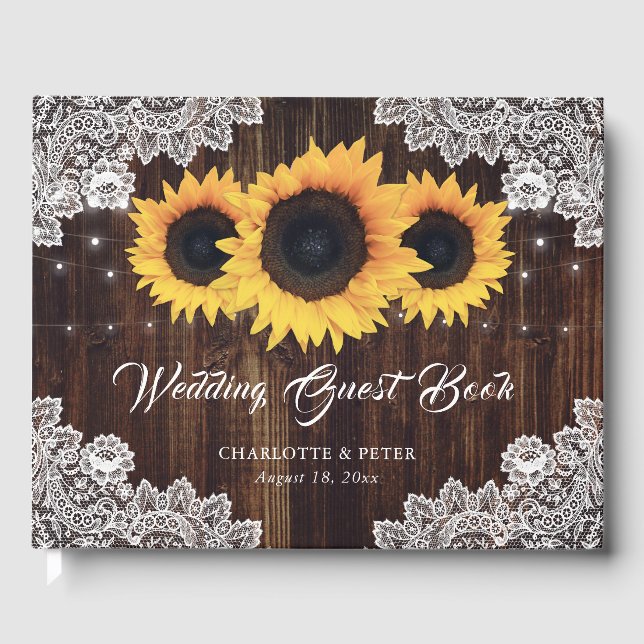 Rustic Wood and Lace Sunflower Wedding Guest Book (Front)