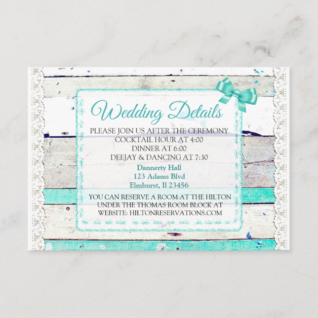 Rustic Wood and Lace  Wedding Details Card (Front)