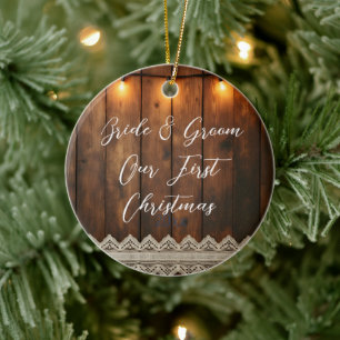 Rustic Wood and Lace Wedding First Christmas Ceramic Ornament