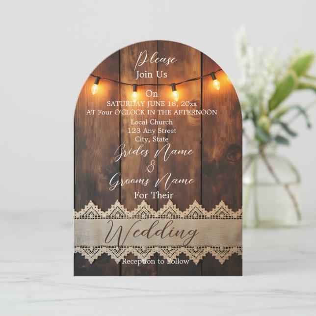 Rustic Wood and Lace Wedding  Invitation (Standing Front)