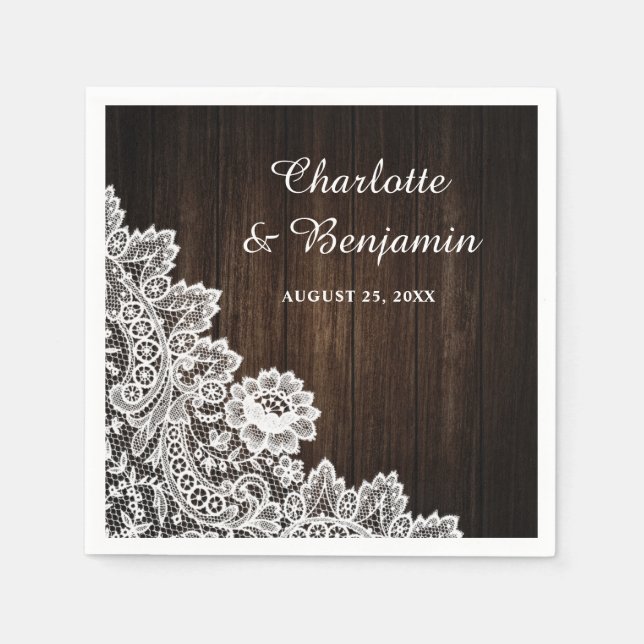 Rustic Wood and Lace Wedding Napkins (Front)