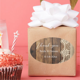 Rustic Wood and Lace Wedding Thank-you Sticker