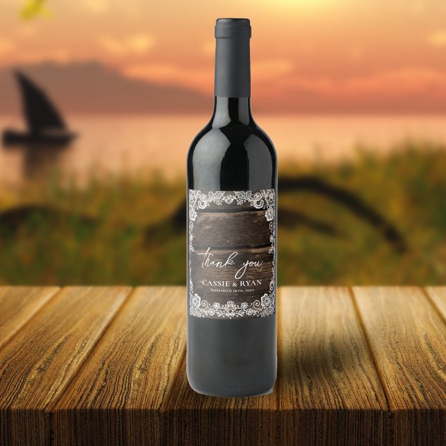 Rustic Wood and Lace Wedding Thank You Wine Label (Rustic Wood and Lace Wedding Thank You Wine Label)