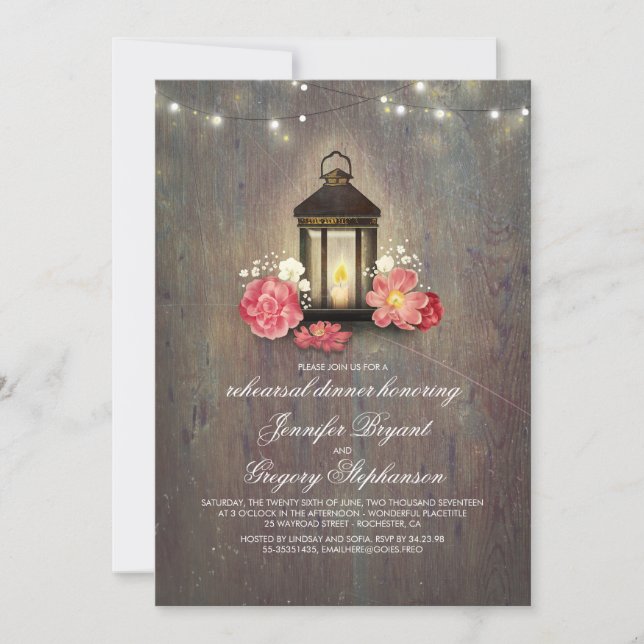 Rustic Wood and Lantern Barn Rehearsal Dinner Invitation (Front)