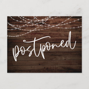 Rustic Wood and Light Strings Postponed Wedding Postcard
