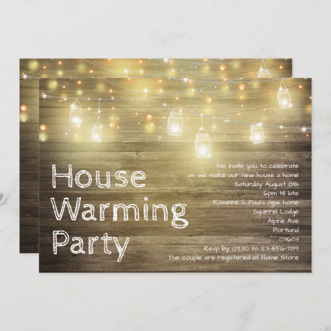 Rustic Wood and Lights Garden party House Warming Invitation (Front/Back)