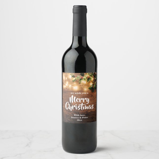 Rustic  wood and lights Merry Christmas Wine label (Front)