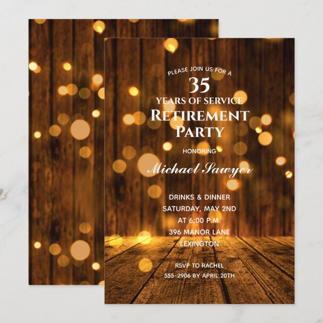 Rustic Wood and Lights Retirement Party Invitation (Front/Back)