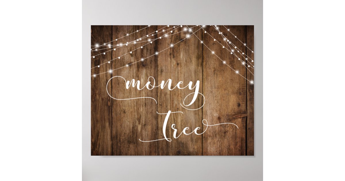 Rustic Wood and Lights Wedding Money Tree Sign