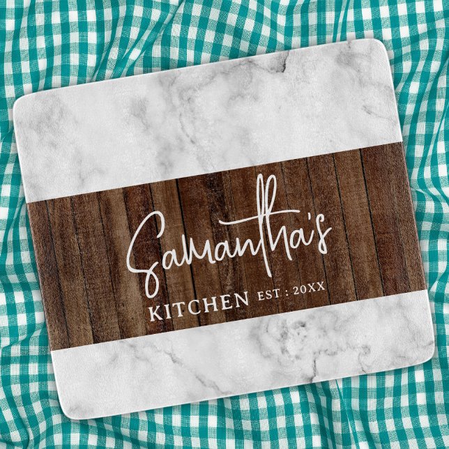 Rustic Wood and Marble Personalised Kitchen Glass  Cutting Board (Rustic Wood and Marble Personalized Kitchen Glass Cutting Board
)