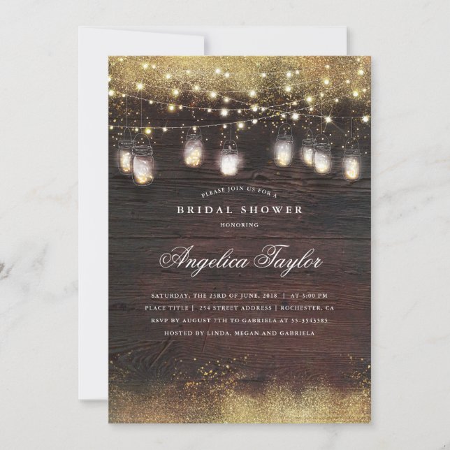 Rustic Wood and Mason Jar Lights Bridal Shower Invitation (Front)