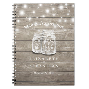 Rustic Wood and Mason Jar Lights Wedding Guestbook Notebook