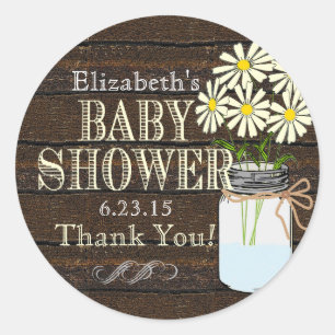 Rustic Wood and Mason Jar Yellow Baby Shower Classic Round Sticker